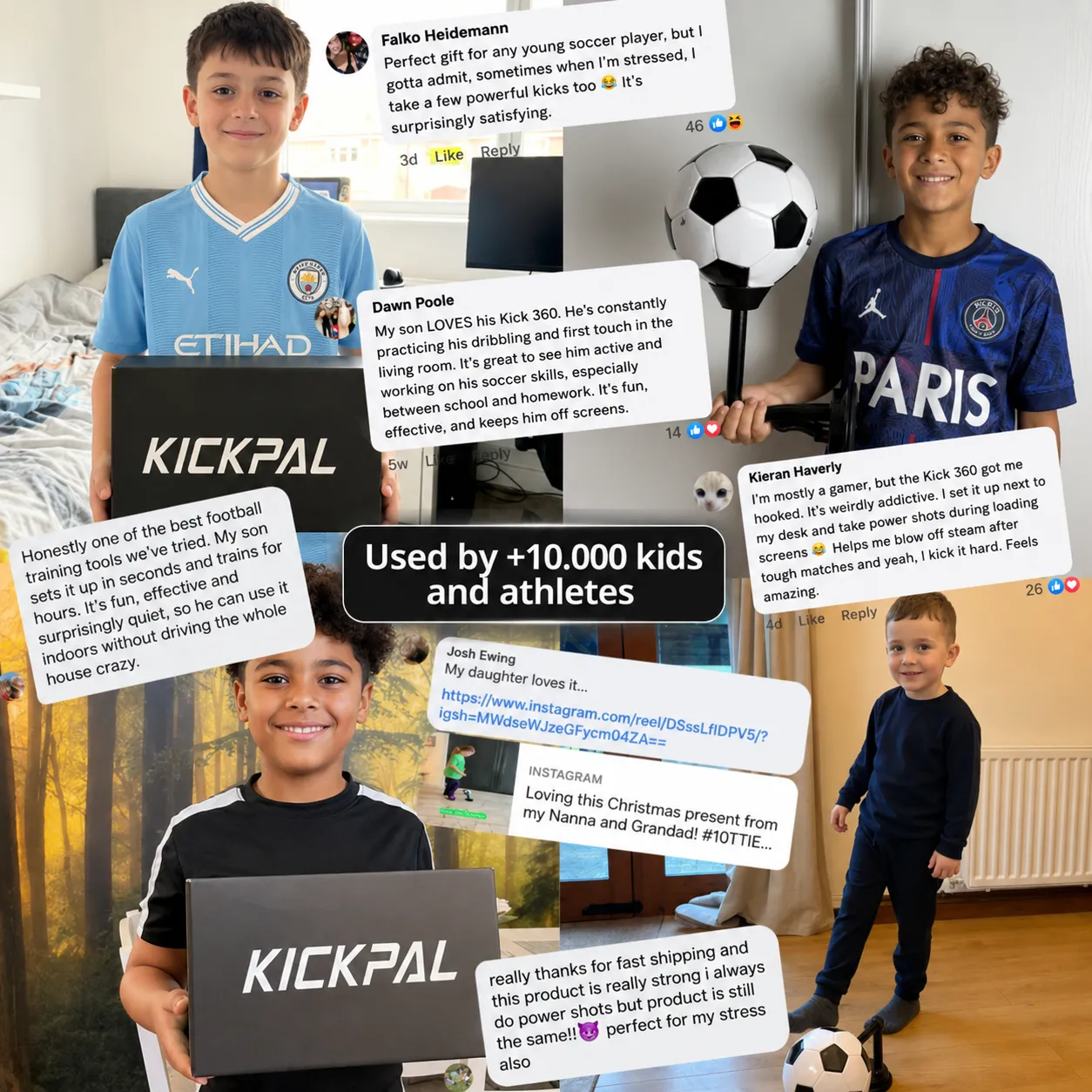 Collage of happy Kickpal customers, kids and reviews