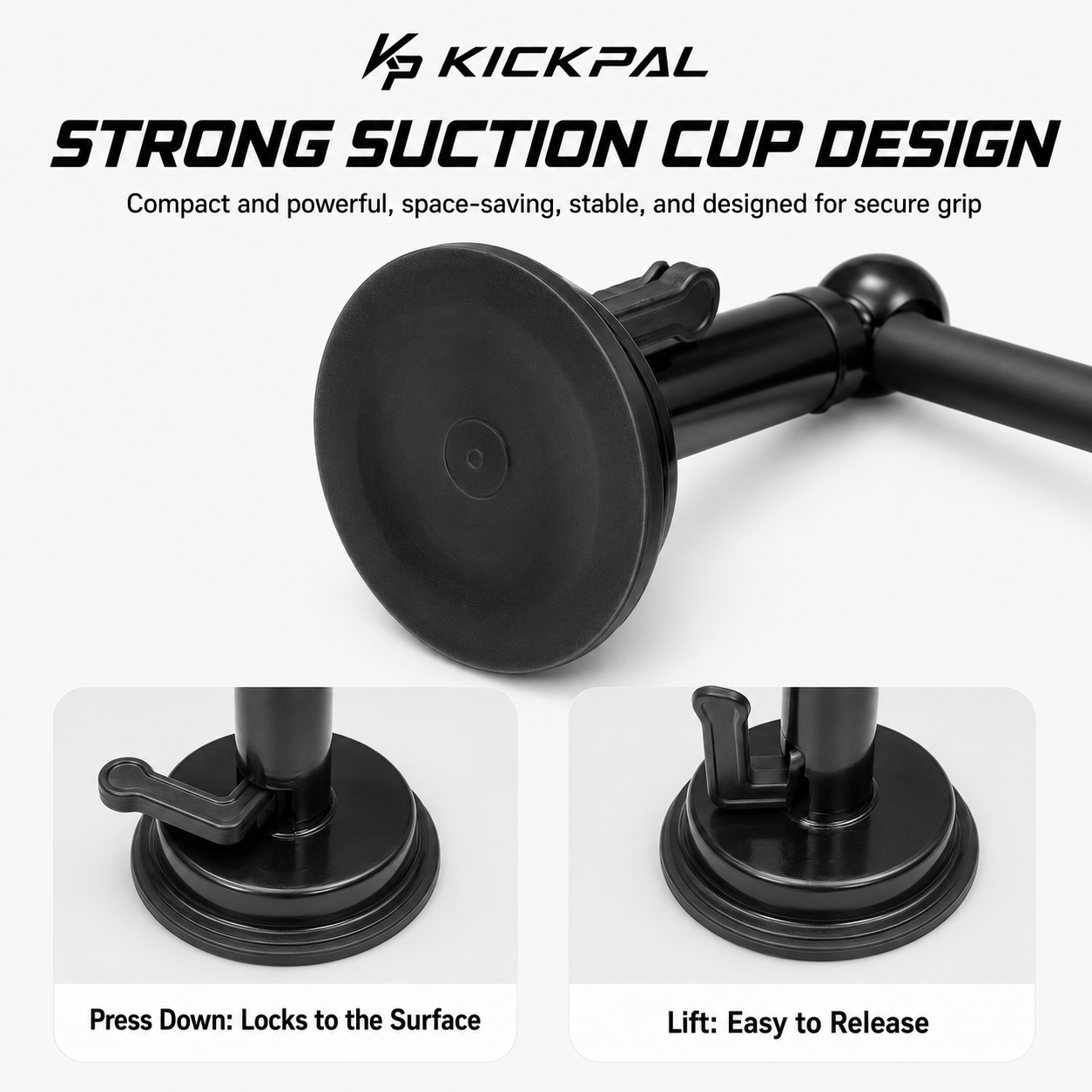 Close-up graphic showing the Kickpal suction base lock and release system